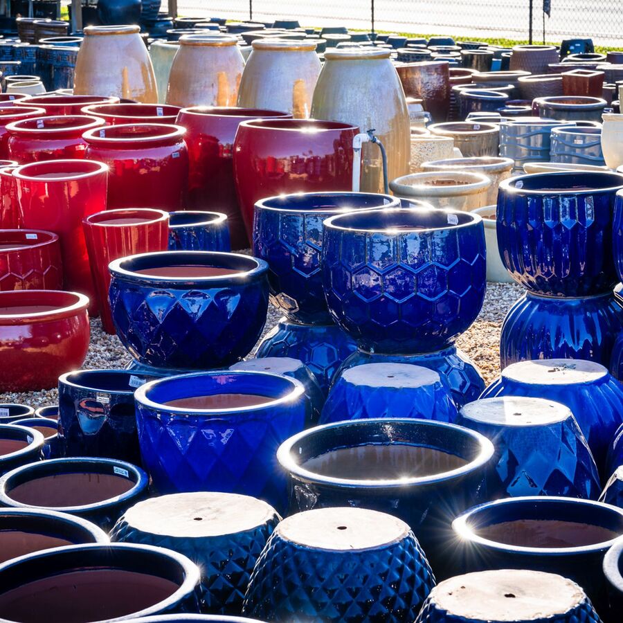 pottery,fountains,garden,colorful,lawn